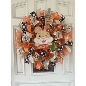 Bunny Rabbit Carrot Welcome Buffalo Check Mesh Ribbon Spring Easter Wreath